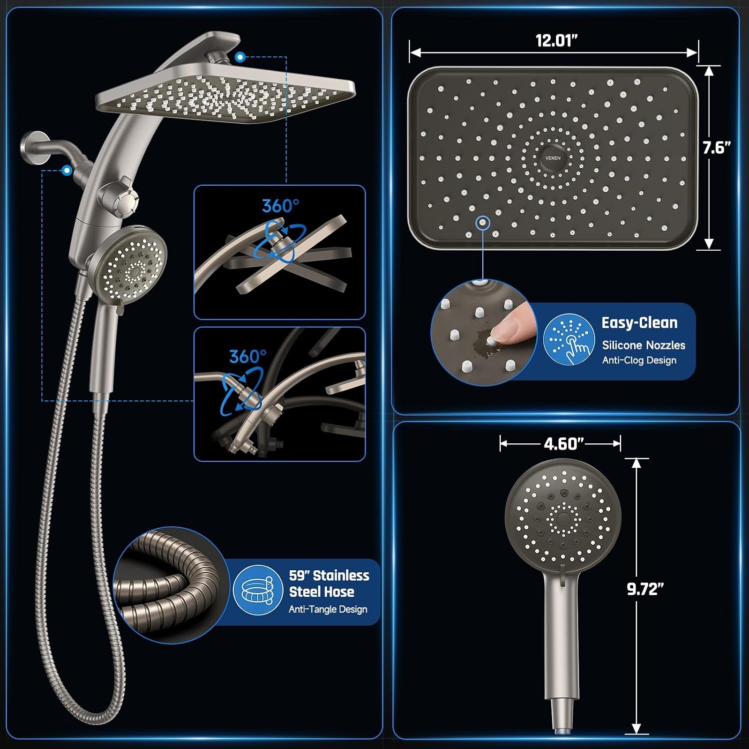image:imageVeken 12 Rain Shower Head with HandheldHigh Pressure Power WashMagneticStarlight