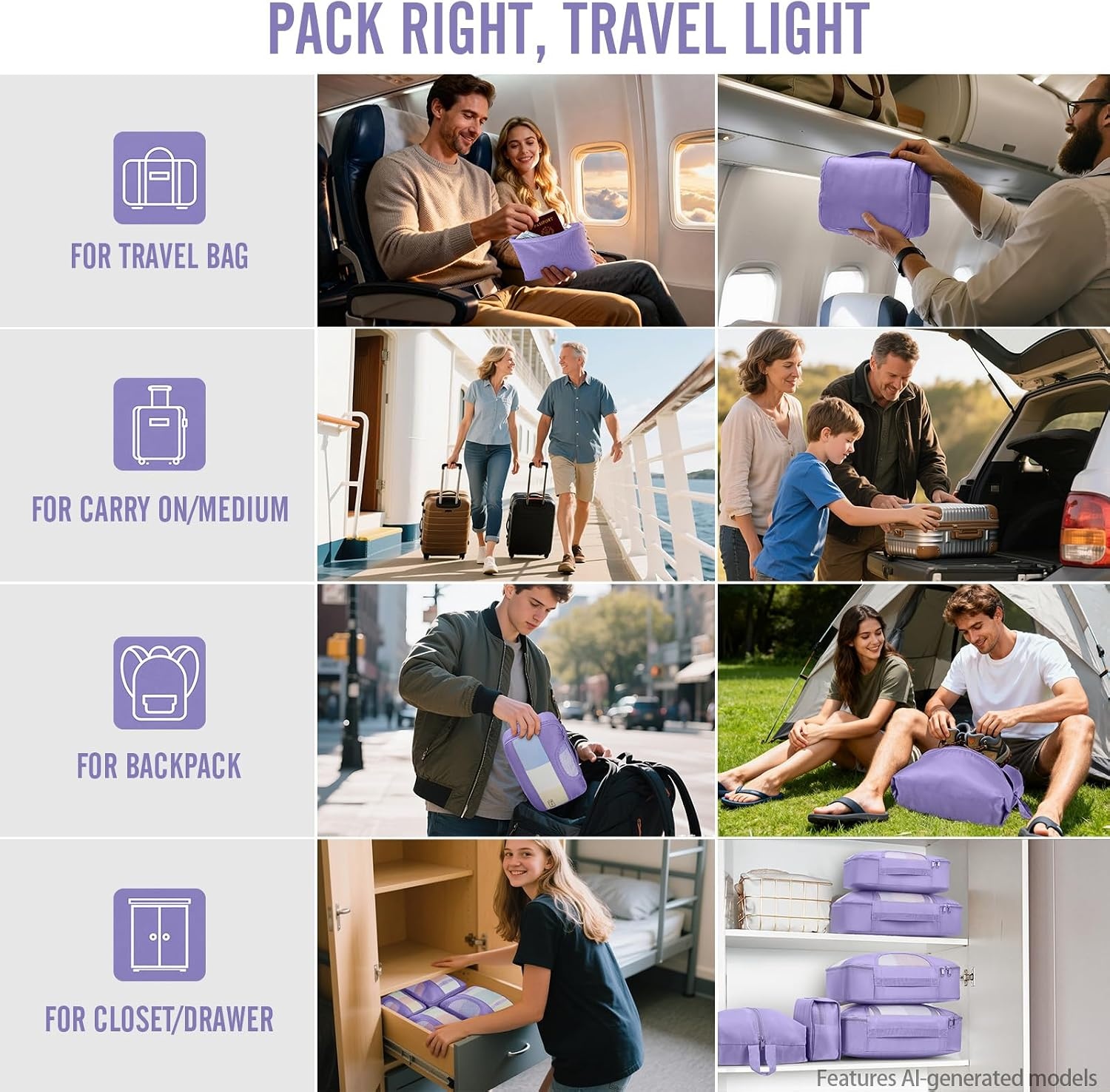 image:imageVeken 4 Set6 Set 8 Set 9 Set 10 Set 11 Set Packing Cubes for Travel Essentials 10 Set 02 Cream06 Attractive Purple