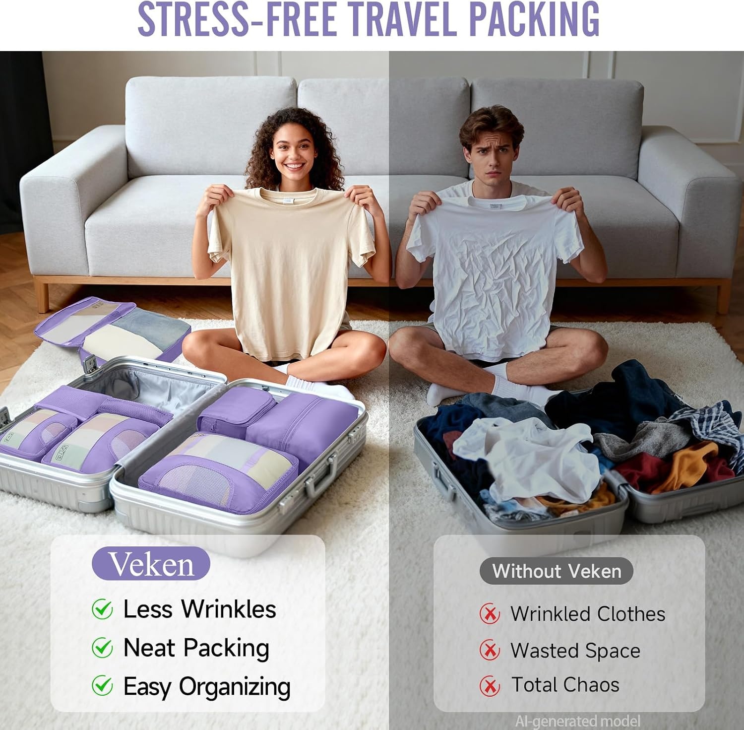 image:imageVeken 4 Set6 Set 8 Set 9 Set 10 Set 11 Set Packing Cubes for Travel Essentials 10 Set 02 Cream06 Attractive Purple
