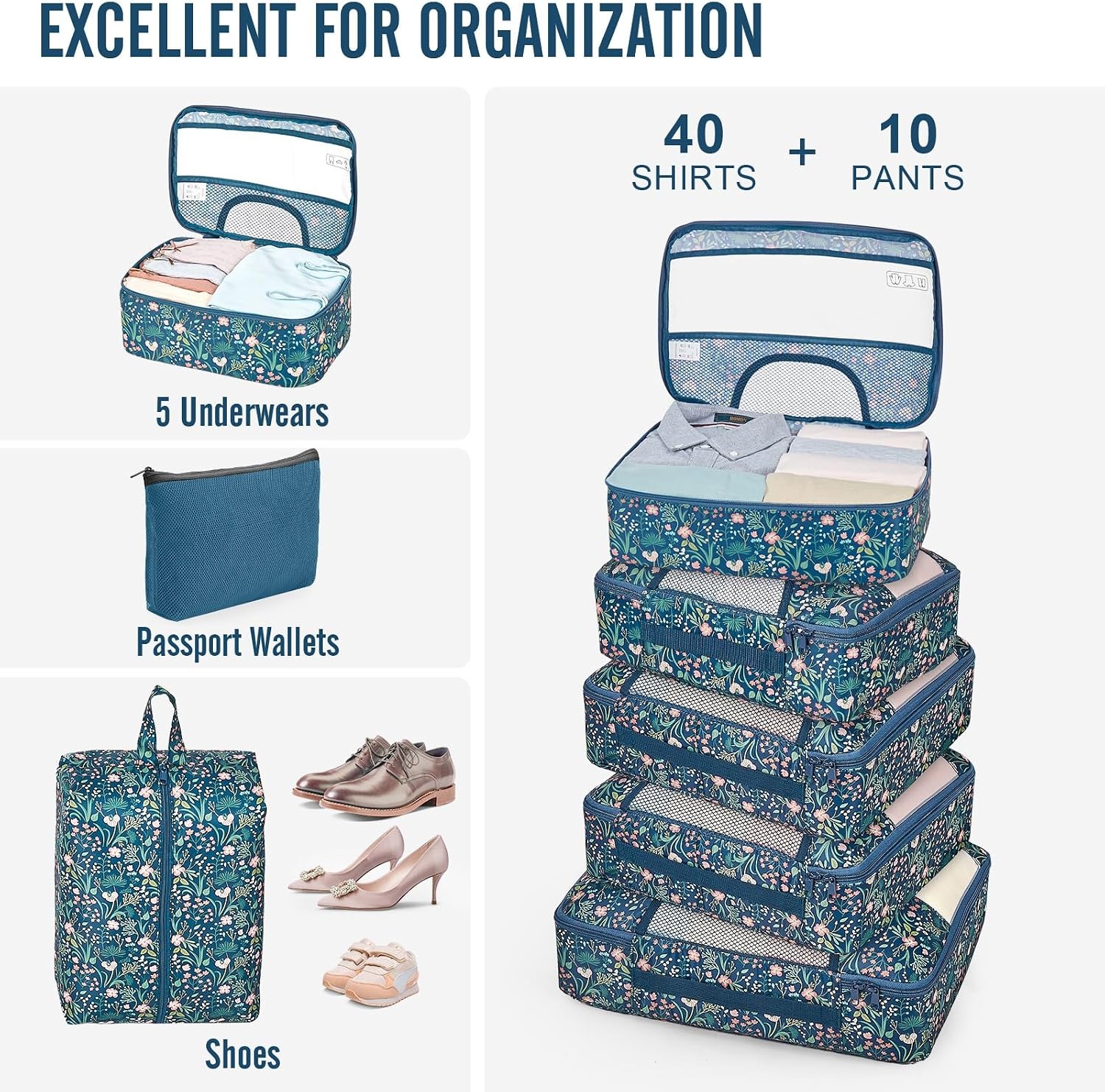 image:imageVeken 4 Set6 Set 8 Set 9 Set 10 Set 11 Set Packing Cubes for Travel Essentials 10 Set 02 Cream08 Navy Flower