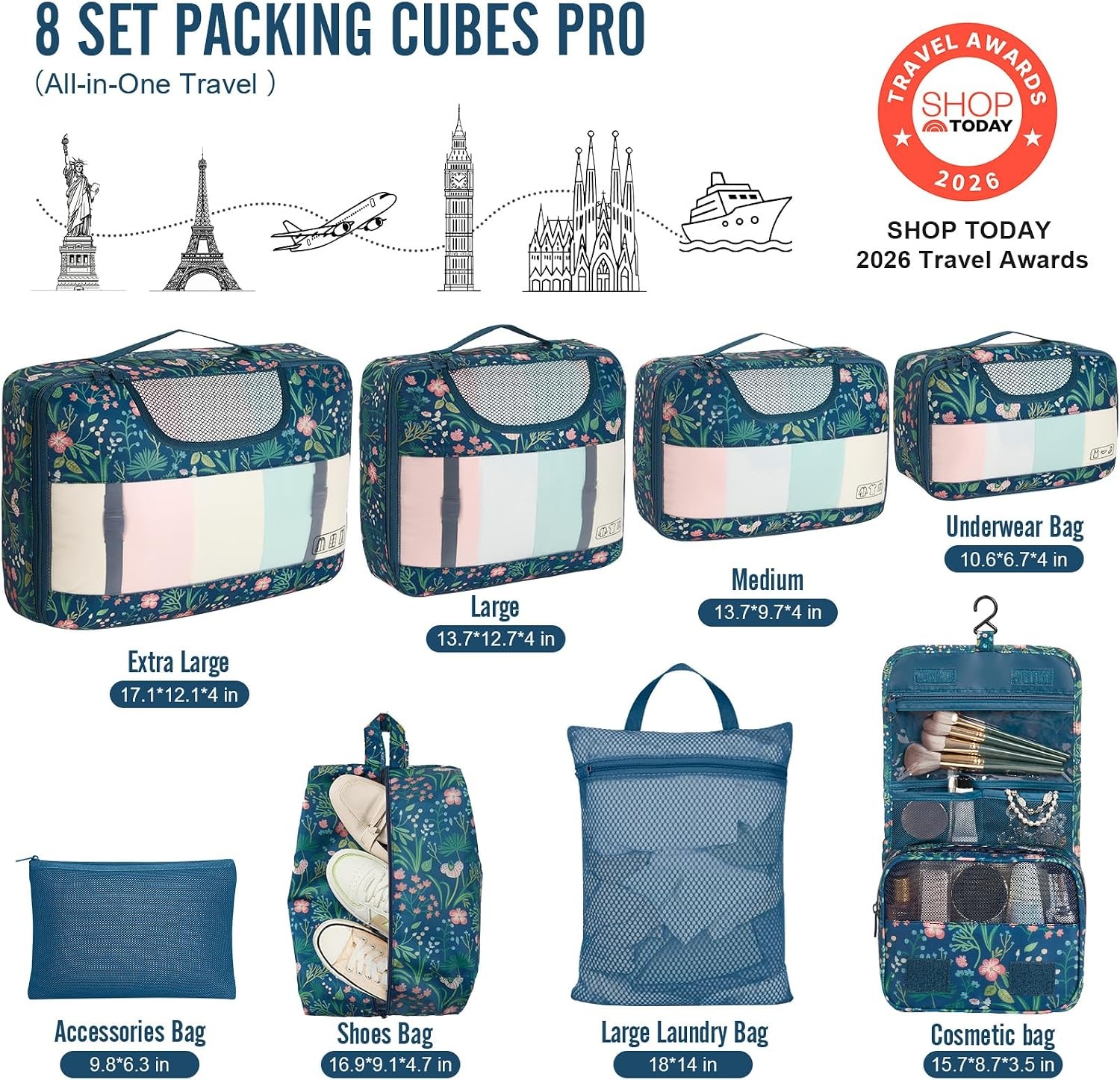 image:imageVeken 4 Set6 Set 8 Set 9 Set 10 Set 11 Set Packing Cubes for Travel Essentials 10 Set 02 Cream08 Navy Flower