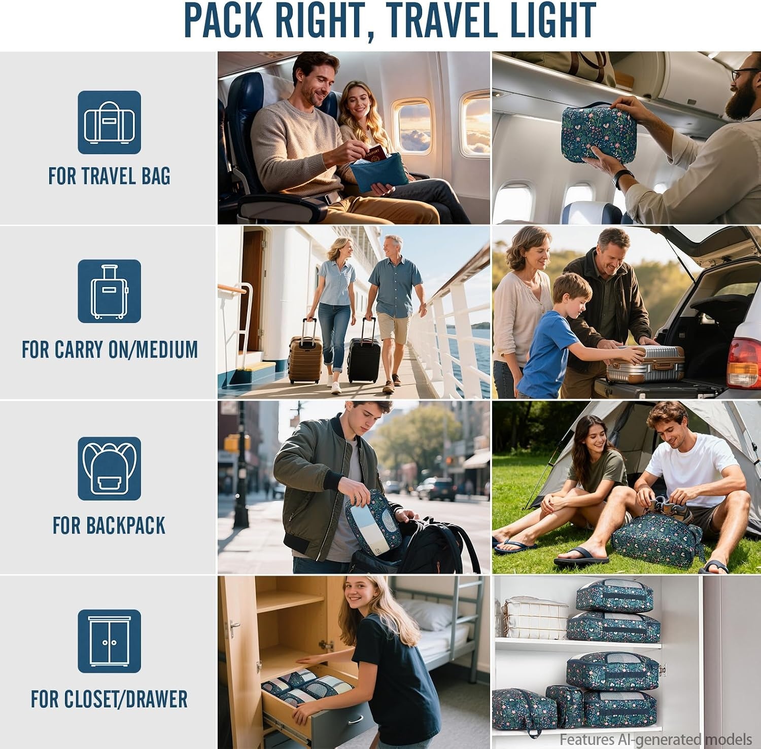 image:imageVeken 4 Set6 Set 8 Set 9 Set 10 Set 11 Set Packing Cubes for Travel Essentials 10 Set 02 Cream08 Navy Flower