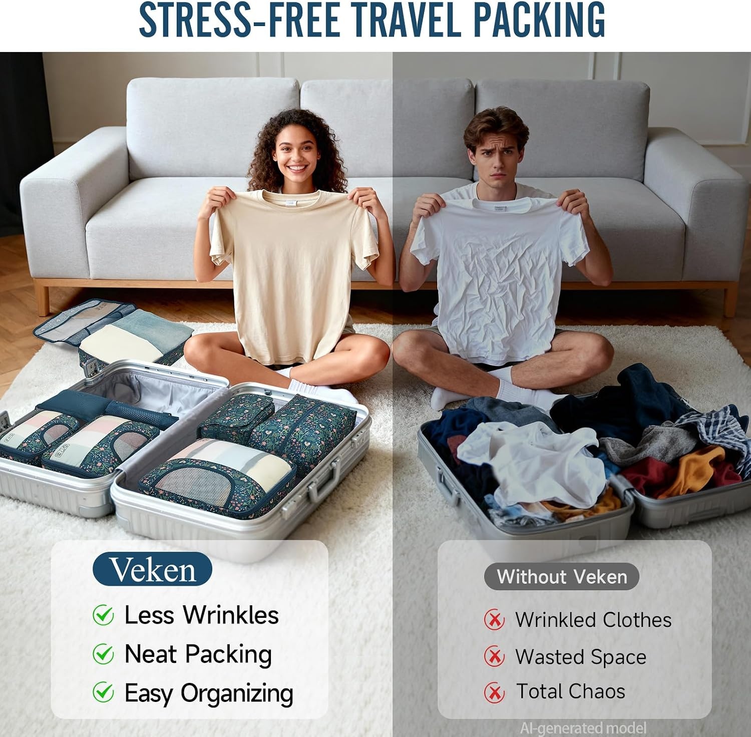 image:imageVeken 4 Set6 Set 8 Set 9 Set 10 Set 11 Set Packing Cubes for Travel Essentials 10 Set 02 Cream08 Navy Flower