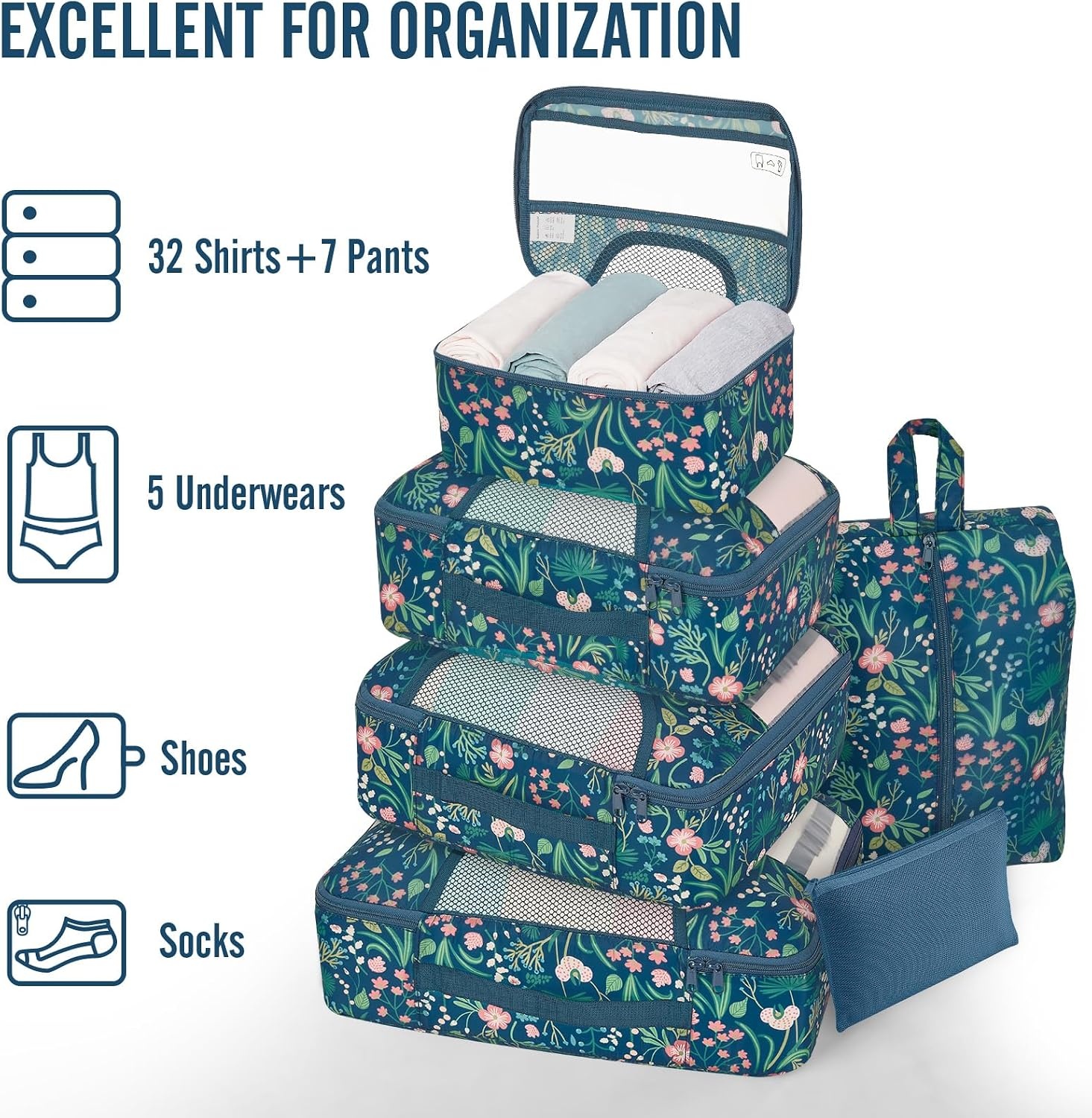 image:imageVeken 4 Set6 Set 8 Set 9 Set 10 Set 11 Set Packing Cubes for Travel Essentials 10 Set 02 Cream08 Navy Flower