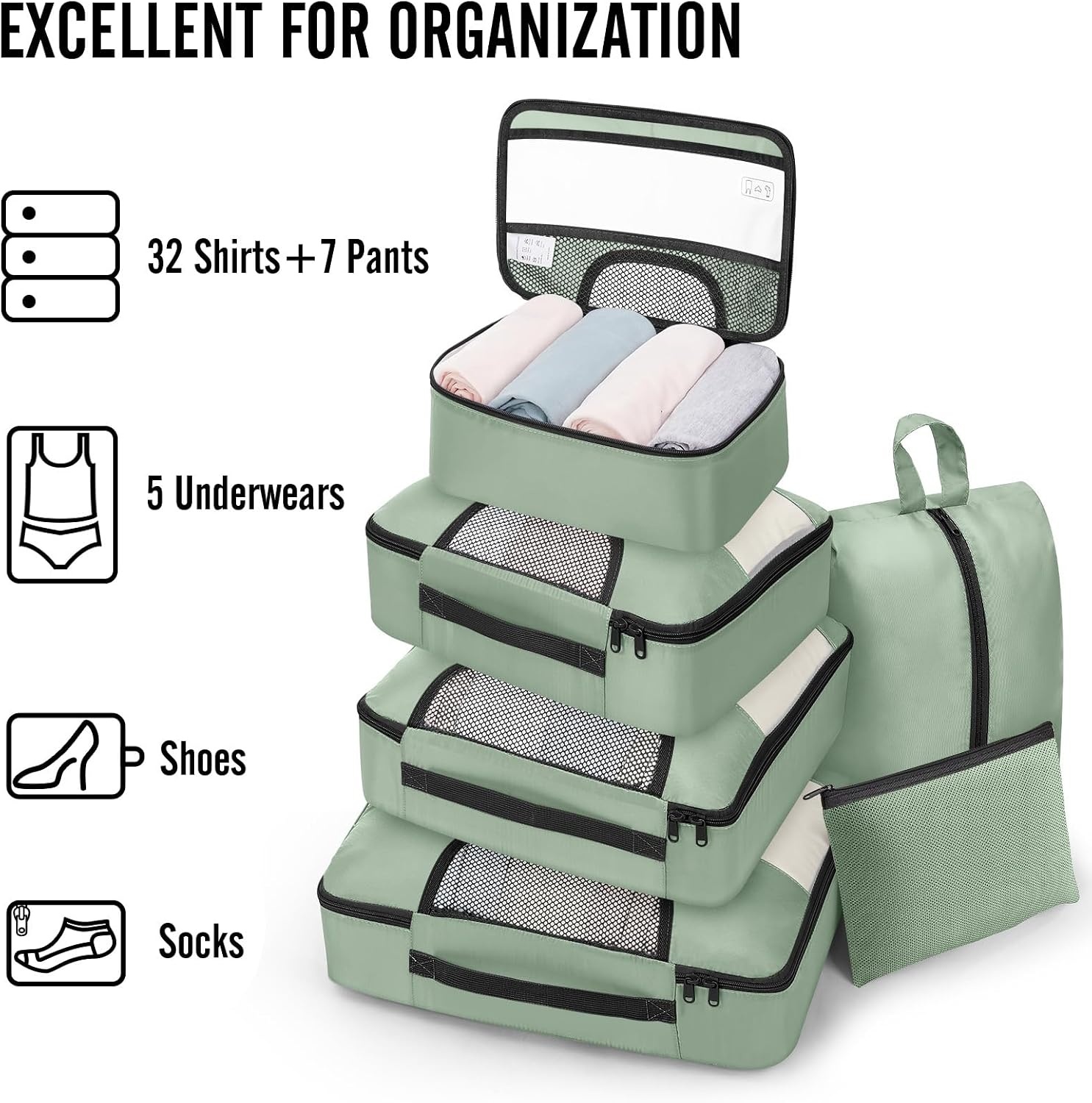image:imageVeken 4 Set6 Set 8 Set 9 Set 10 Set 11 Set Packing Cubes for Travel Essentials 10 Set 02 Cream09 Matcha Green