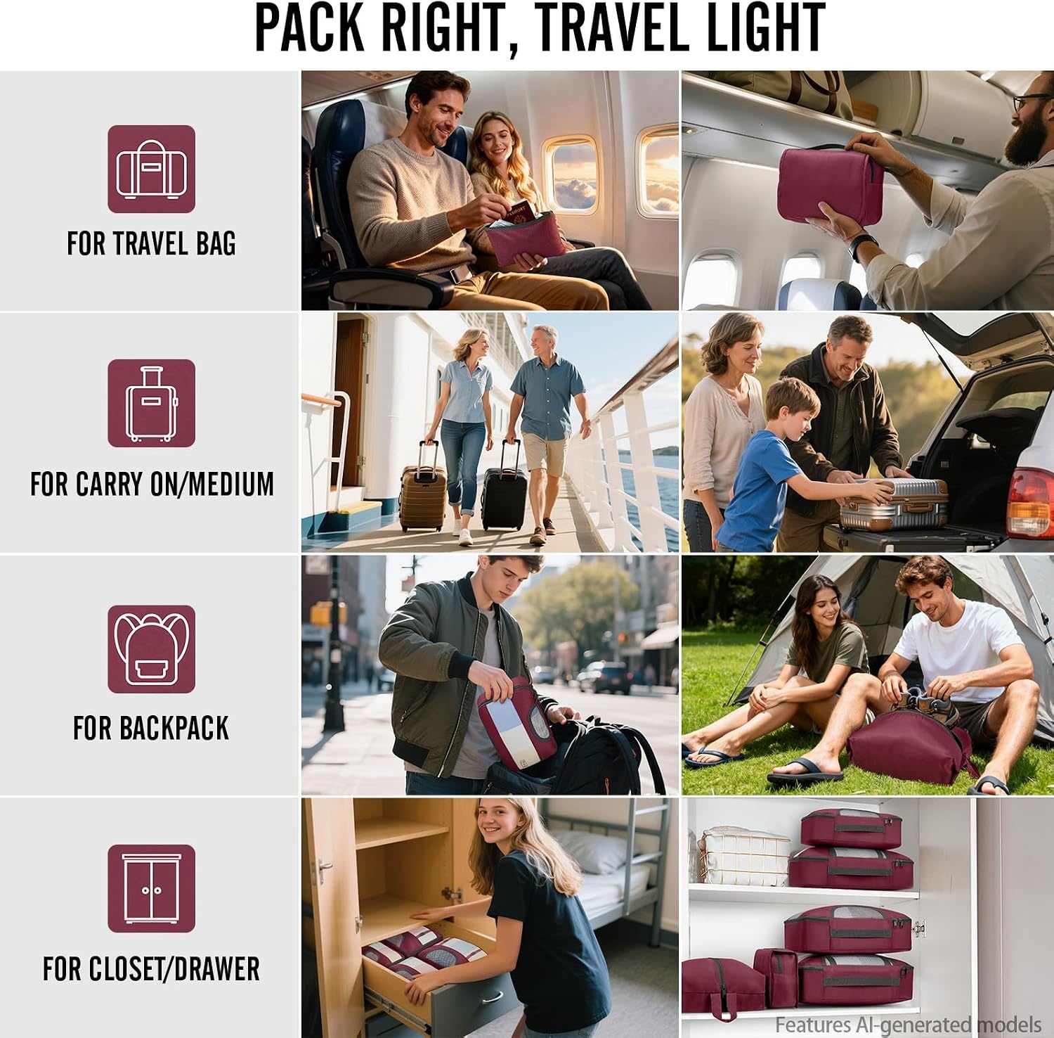 image:imageVeken 4 Set6 Set 8 Set 9 Set 10 Set 11 Set Packing Cubes for Travel Essentials 10 Set 02 Cream11 Wine Red