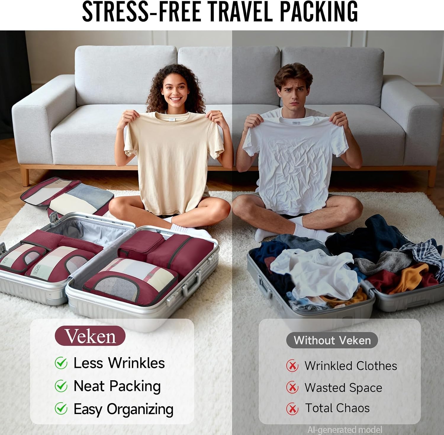 image:imageVeken 4 Set6 Set 8 Set 9 Set 10 Set 11 Set Packing Cubes for Travel Essentials 10 Set 02 Cream11 Wine Red