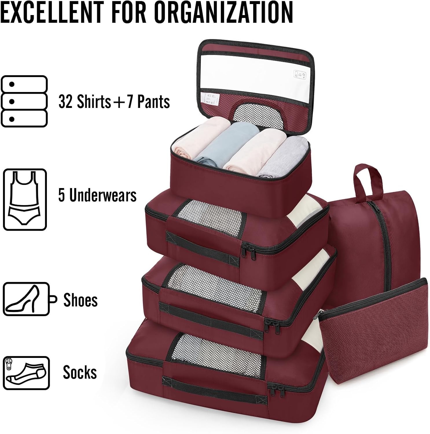 image:imageVeken 4 Set6 Set 8 Set 9 Set 10 Set 11 Set Packing Cubes for Travel Essentials 10 Set 02 Cream11 Wine Red