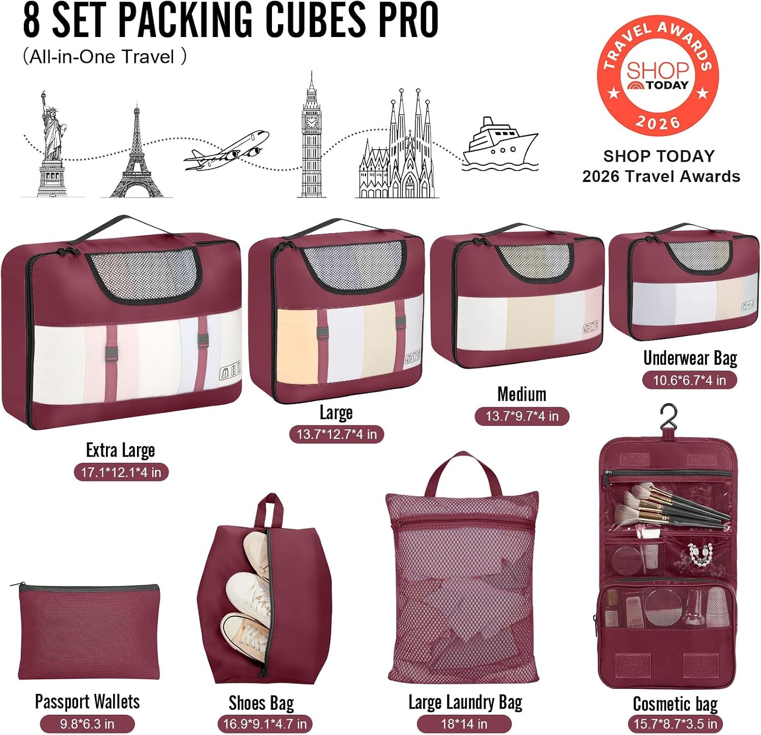 image:imageVeken 4 Set6 Set 8 Set 9 Set 10 Set 11 Set Packing Cubes for Travel Essentials 10 Set 02 Cream11 Wine Red