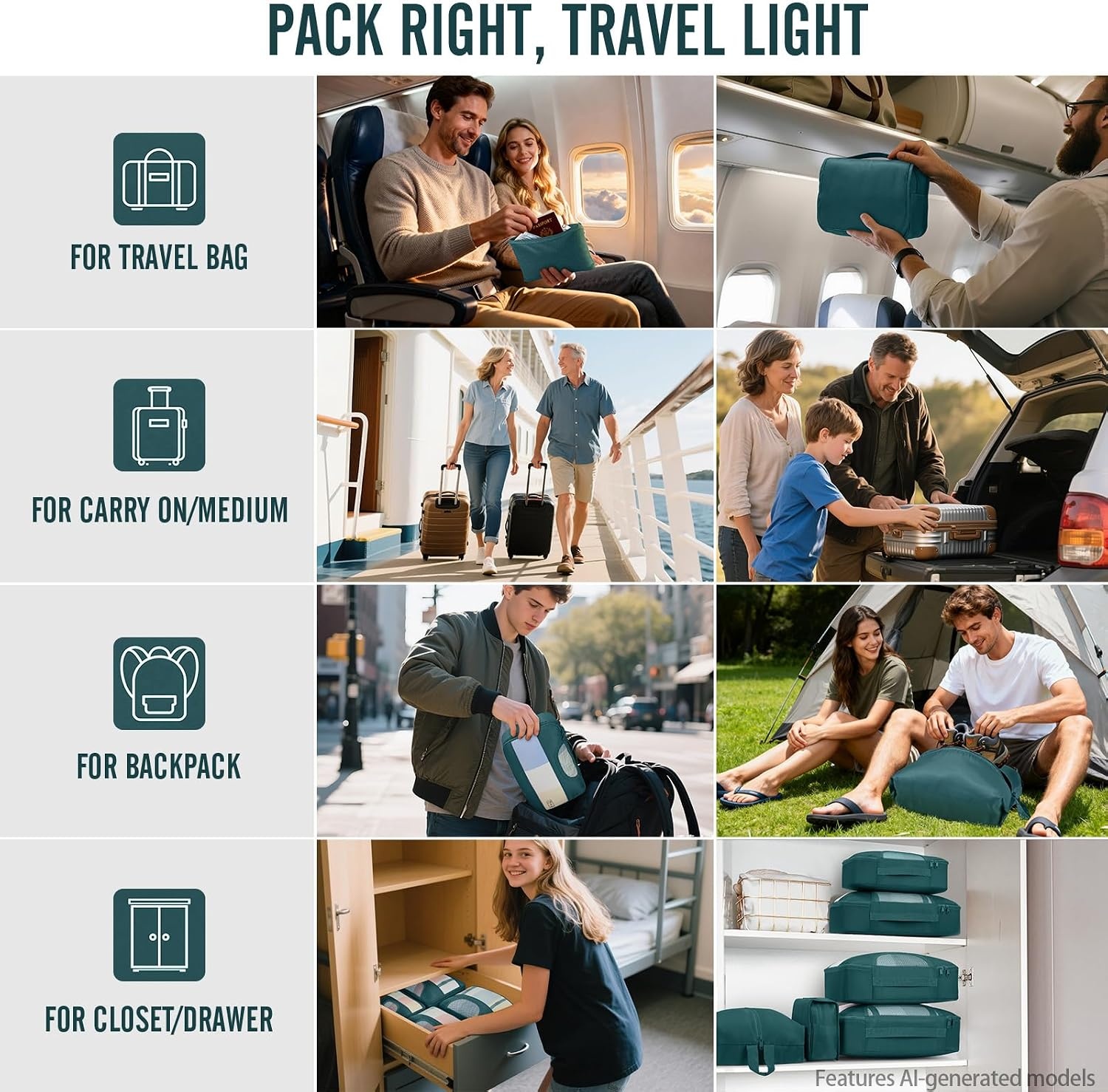 image:imageVeken 4 Set6 Set 8 Set 9 Set 10 Set 11 Set Packing Cubes for Travel Essentials 10 Set 02 Cream13 Deep Teal
