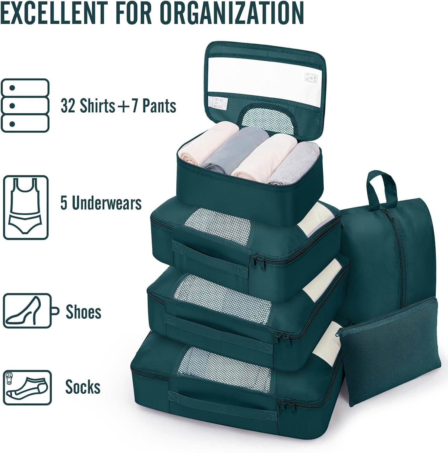 image:imageVeken 4 Set6 Set 8 Set 9 Set 10 Set 11 Set Packing Cubes for Travel Essentials 10 Set 02 Cream13 Deep Teal