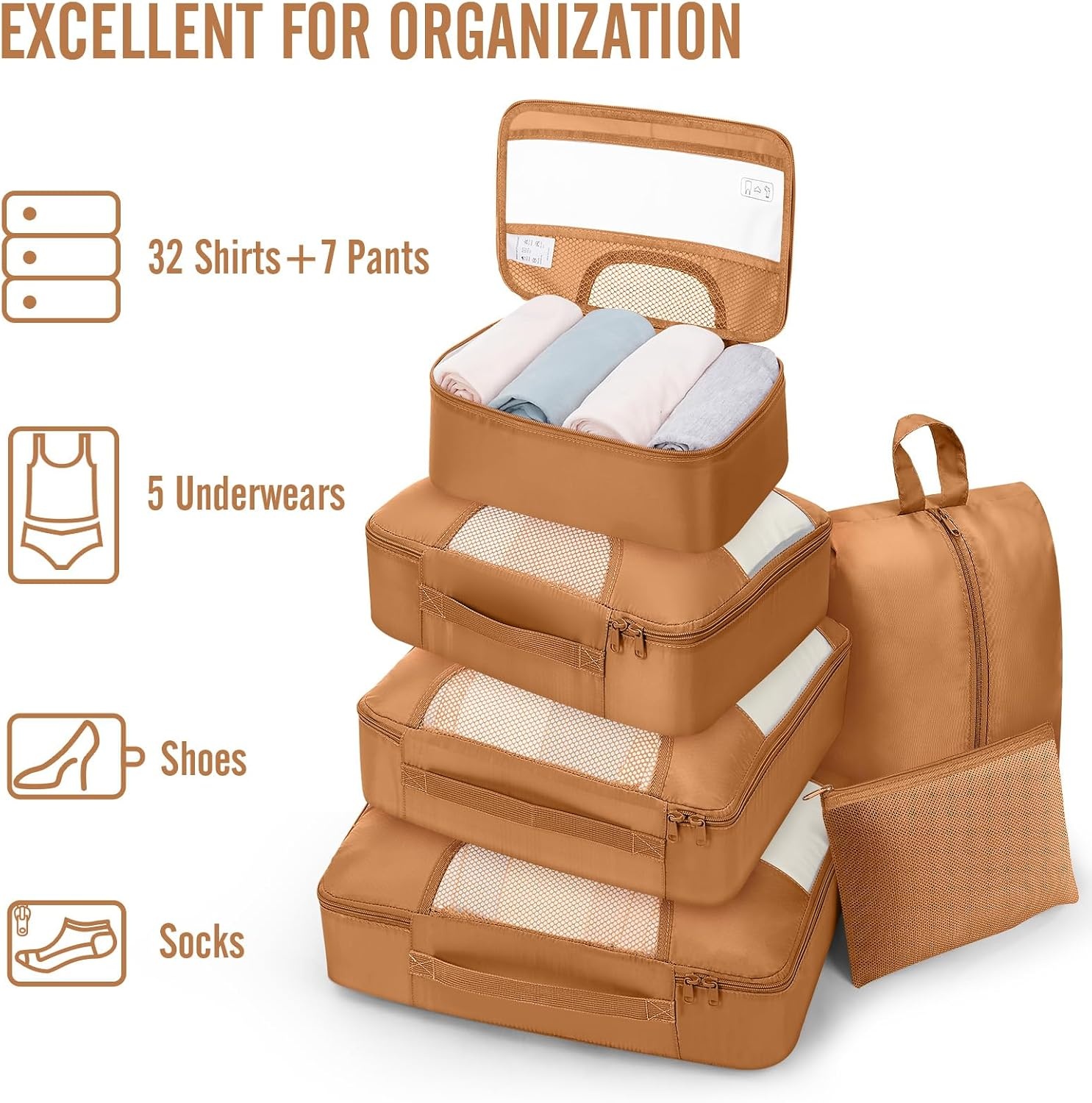 image:imageVeken 4 Set6 Set 8 Set 9 Set 10 Set 11 Set Packing Cubes for Travel Essentials 10 Set 02 Cream18 Brown