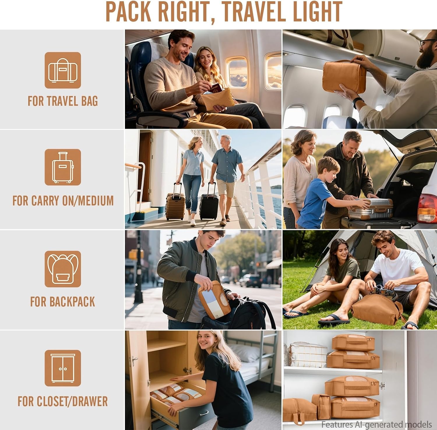 image:imageVeken 4 Set6 Set 8 Set 9 Set 10 Set 11 Set Packing Cubes for Travel Essentials 10 Set 02 Cream18 Brown
