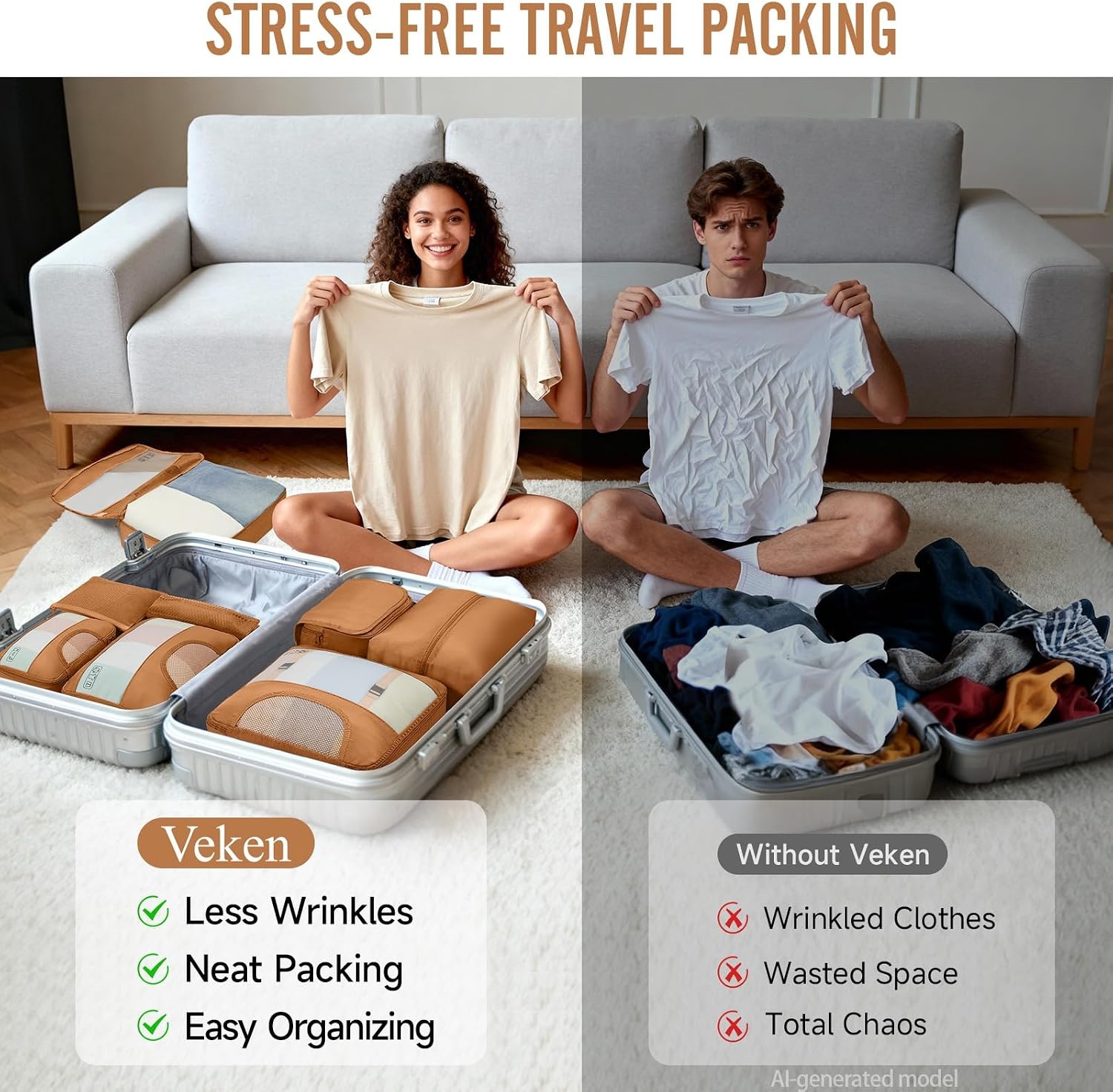 image:imageVeken 4 Set6 Set 8 Set 9 Set 10 Set 11 Set Packing Cubes for Travel Essentials 10 Set 02 Cream18 Brown