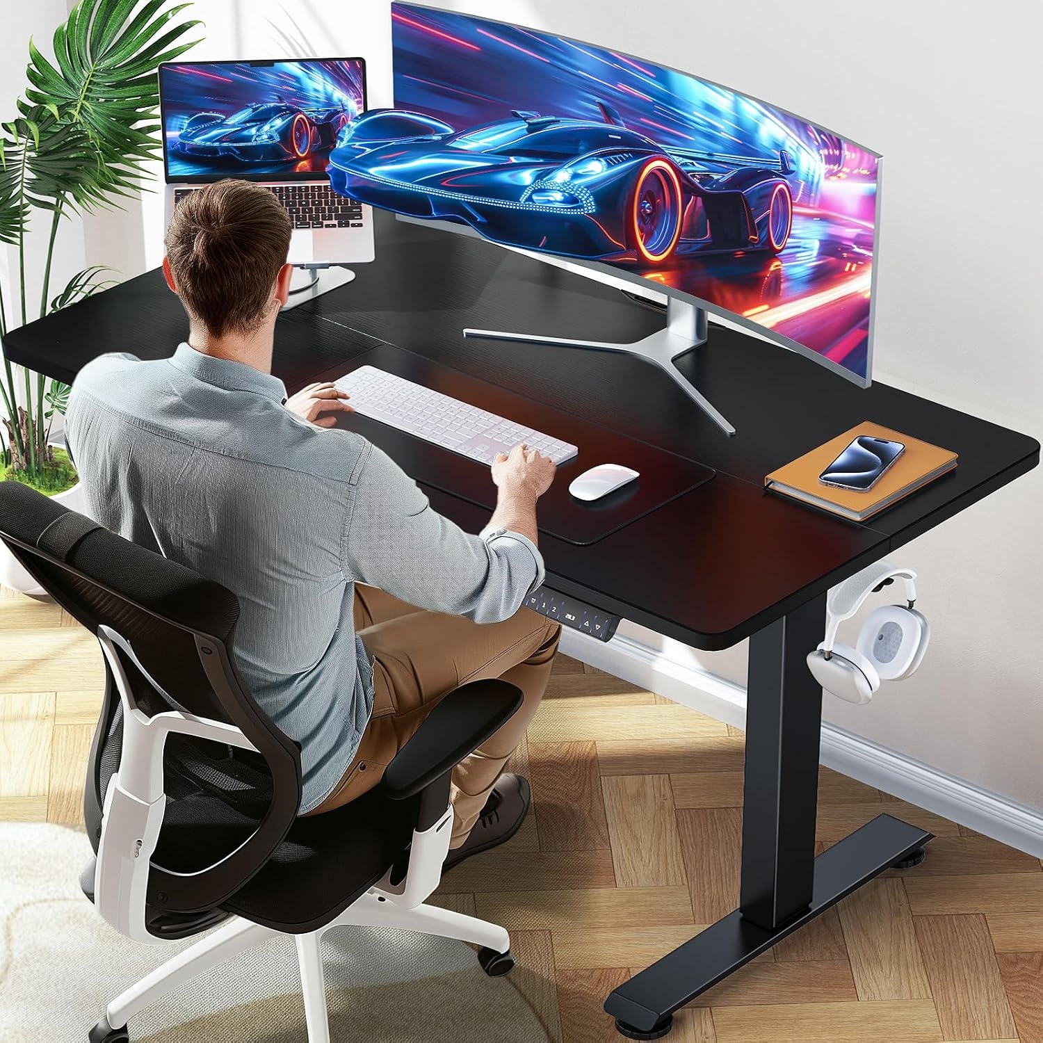 image:imageVeken 472 Inch Electric Standing Desk Height Adjustable Sit Stand Up Wood Desktop Work Home Office Computer PC Desks Gaming Writing Study Bedroom Rising Table Tall Standup Workstation WhiteBlack