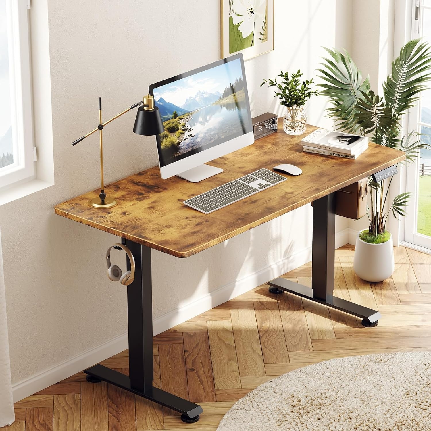 image:imageVeken 472 Inch Electric Standing Desk Height Adjustable Sit Stand Up Wood Desktop Work Home Office Computer PC Desks Gaming Writing Study Bedroom Rising Table Tall Standup Workstation WhiteBrown