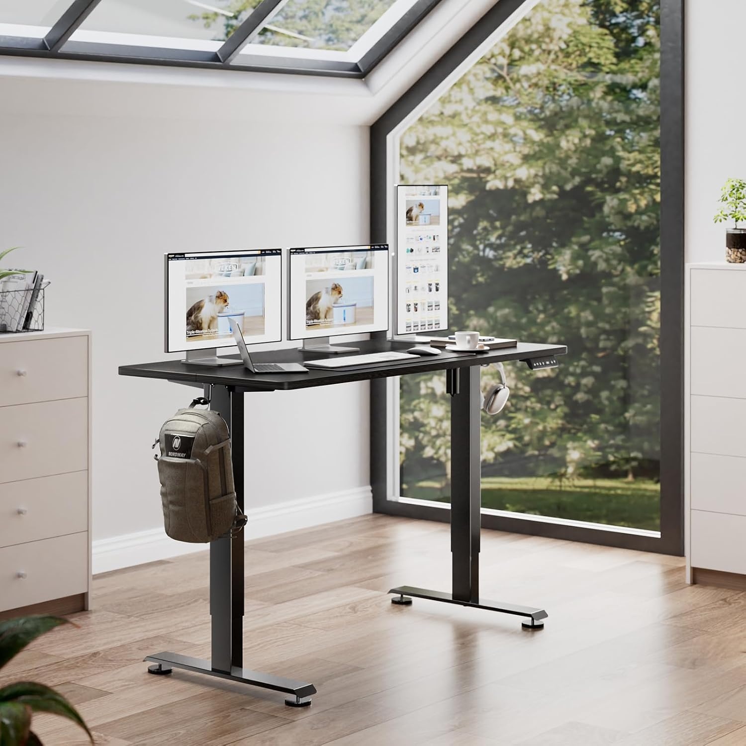 image:imageVeken 472 Inch Electric Standing Desk Height Adjustable Sit Stand Up Wood Desktop Work Home Office Computer PC Desks Gaming Writing Study Bedroom Rising Table Tall Standup Workstation WhiteBlack