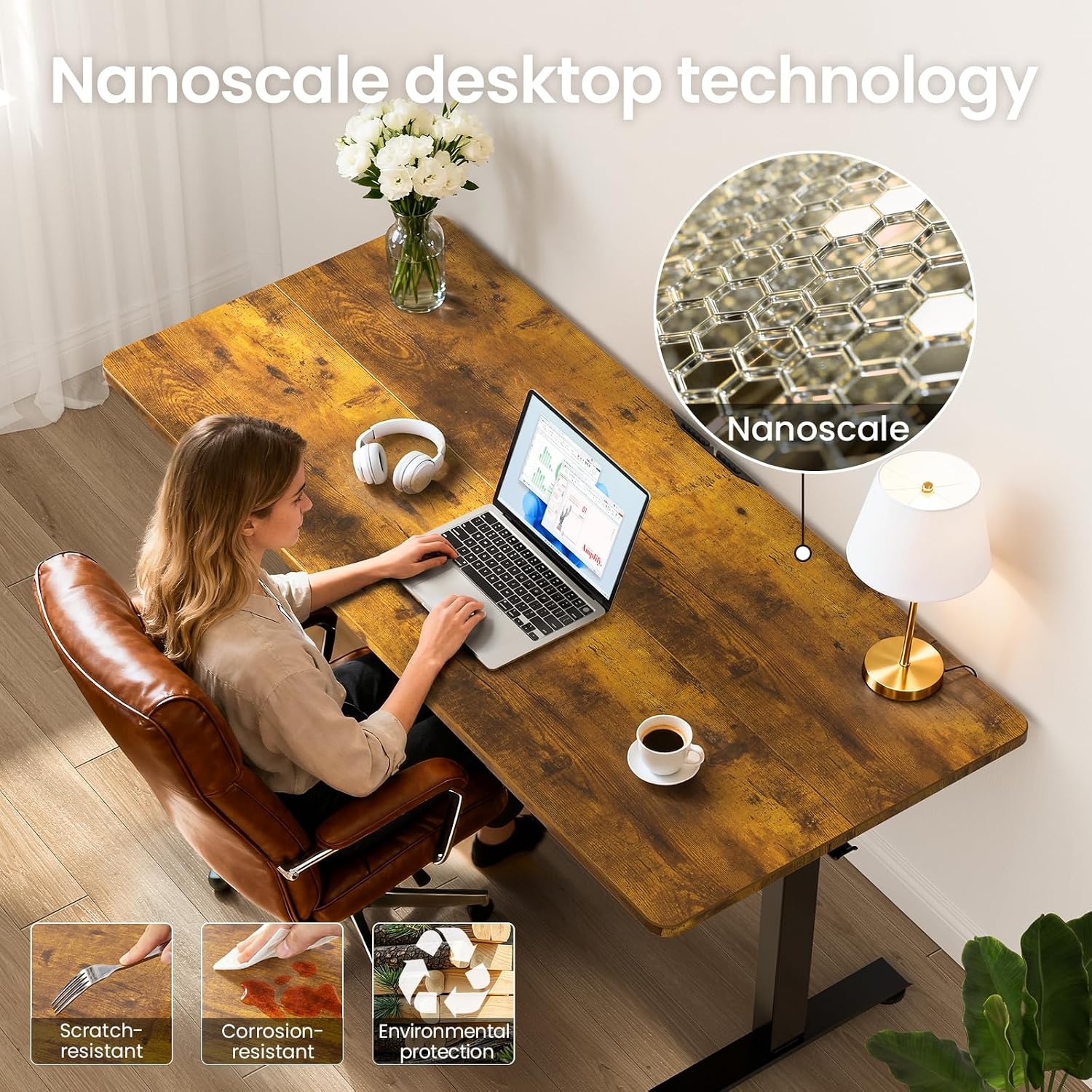 image:imageVeken 472 Inch Electric Standing Desk Height Adjustable Sit Stand Up Wood Desktop Work Home Office Computer PC Desks Gaming Writing Study Bedroom Rising Table Tall Standup Workstation WhiteBrown