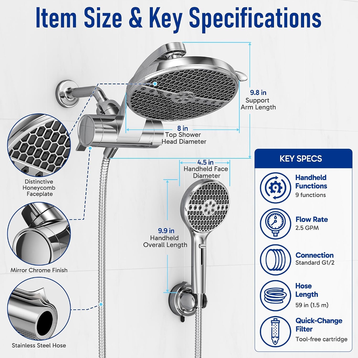 image:imageVeken Filtered Shower Head with Handheld Multipattern Rain Showerhead SetChrome