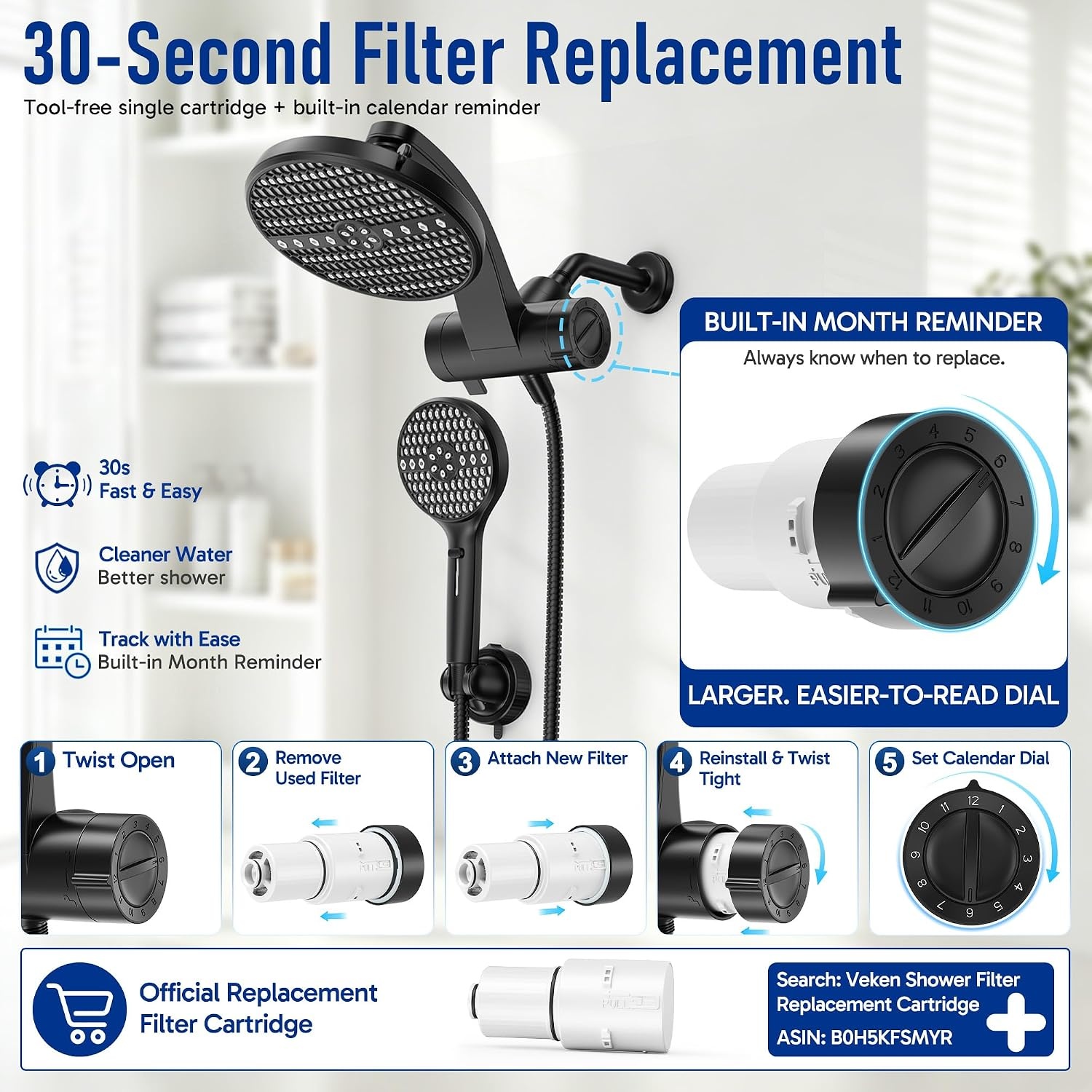 image:imageVeken Filtered Shower Head with Handheld Multipattern Rain Showerhead SetMatte Black