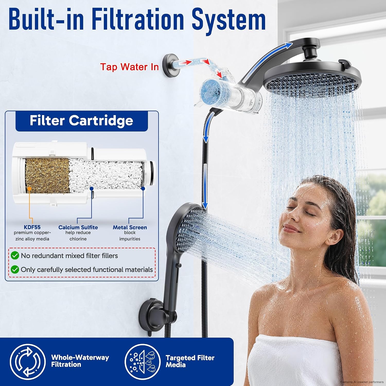 image:imageVeken Filtered Shower Head with Handheld Multipattern Rain Showerhead SetMatte Black