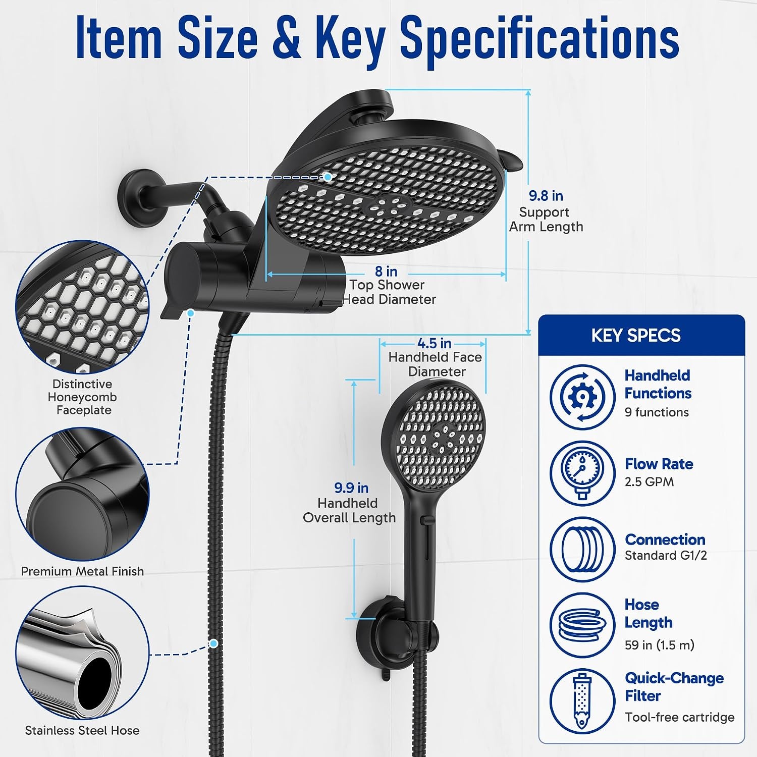image:imageVeken Filtered Shower Head with Handheld Multipattern Rain Showerhead SetMatte Black