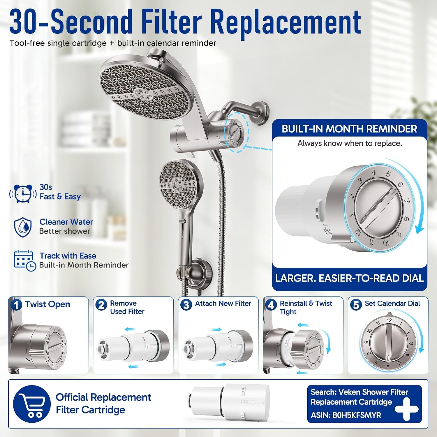 image:imageVeken Filtered Shower Head with Handheld Multipattern Rain Showerhead SetNickel