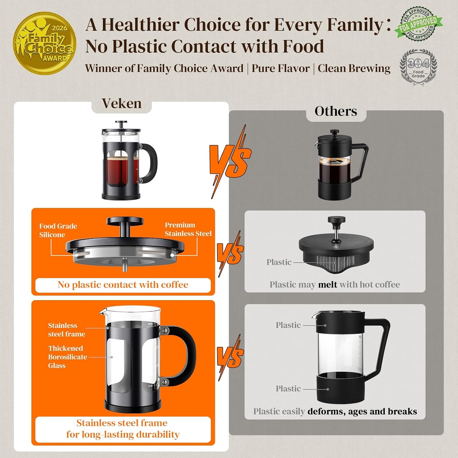 image:imageVeken French Press Coffee Maker No Plastic Touching Cafe34oz 1 L CafeteraDark Pewter