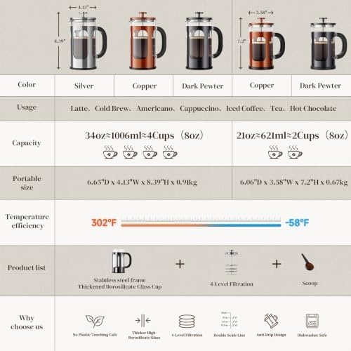 image:imageVeken French Press Coffee Maker No Plastic Touching Cafe34oz 1 L CafeteraDark Pewter