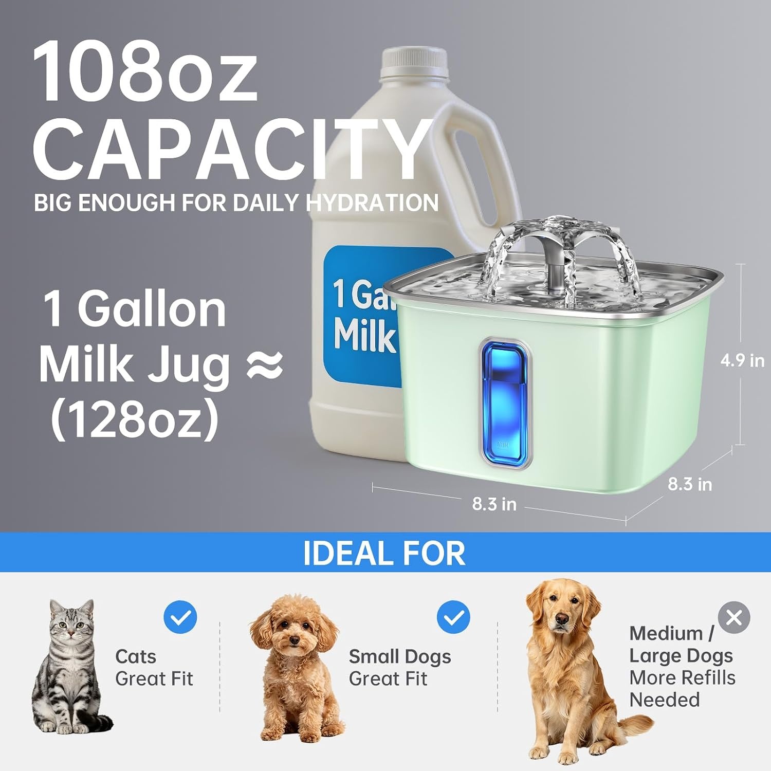 image:imageVeken Innovation Award Winner Stainless Steel Cat Water Fountain 108ozTea Green