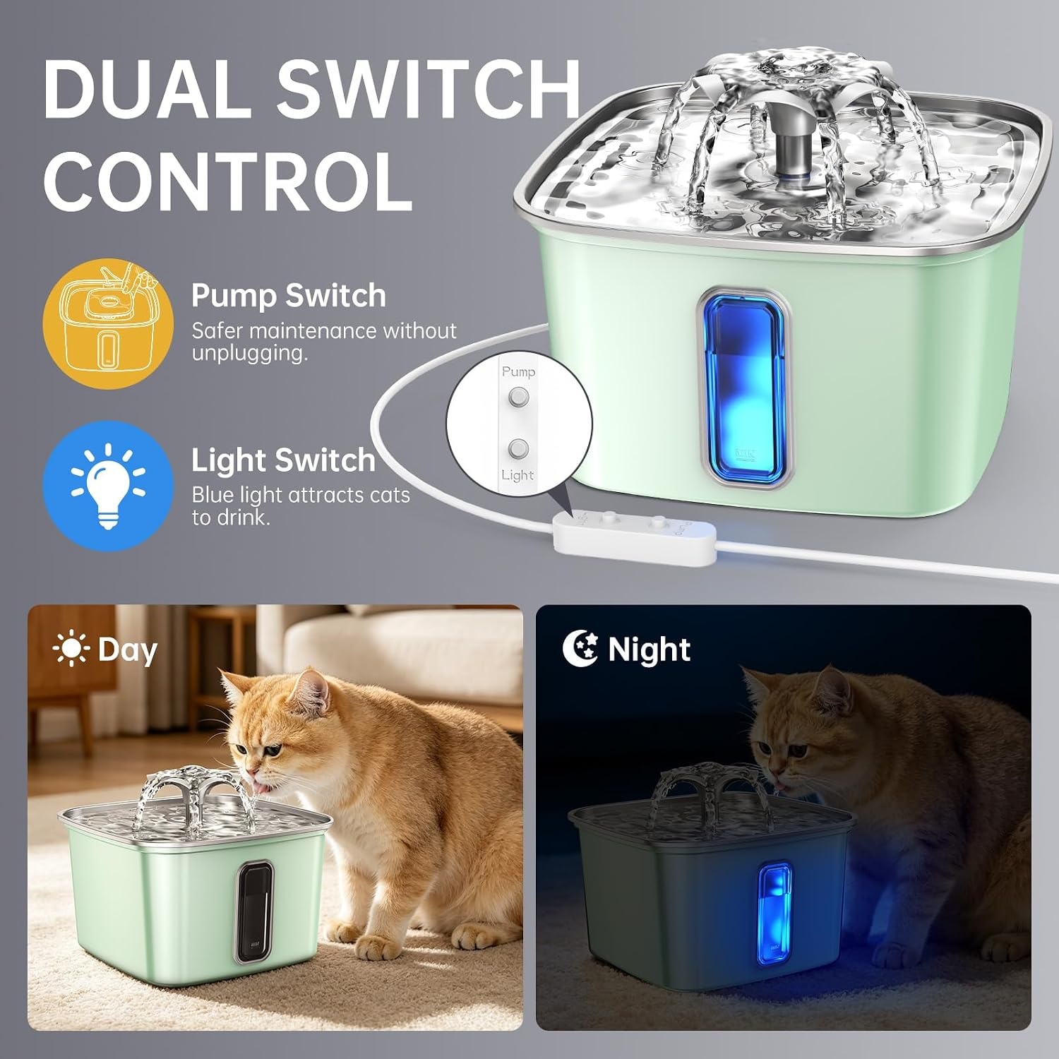image:imageVeken Innovation Award Winner Stainless Steel Cat Water Fountain 108ozTea Green