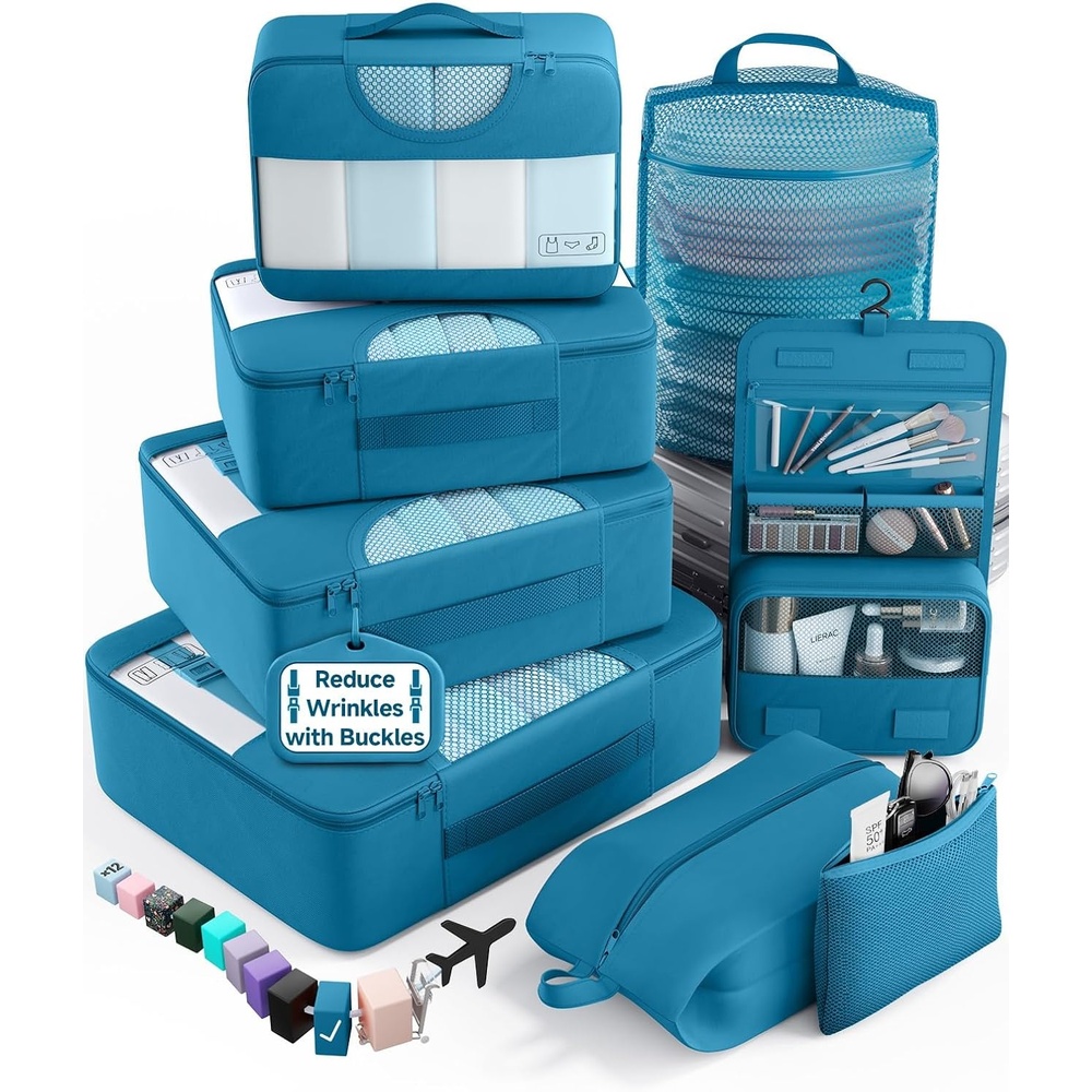 image:imageVeken 10 Set Packing Cubes for Travel Essentials Suitcase Organizer Bags in 4 Sizes CarryOn Luggage Accessories with Laundry Bag Airplane Must Have with 99Count Mesh Holes15 Ocean Blue