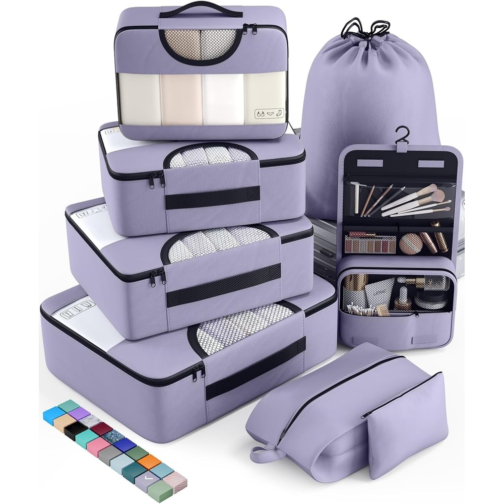 image:imageVeken 10 Set Packing Cubes for Travel Essentials Suitcase Organizer Bags in 4 Sizes CarryOn Luggage Accessories with Laundry Bag Airplane Must Have with 99Count Mesh Holes04 Purple Gray