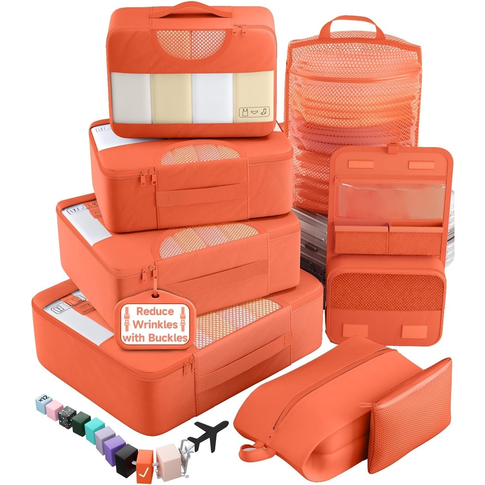 image:imageVeken 10 Set Packing Cubes for Travel Essentials Suitcase Organizer Bags in 4 Sizes CarryOn Luggage Accessories with Laundry Bag Airplane Must Have with 99Count Mesh Holes13 Orange