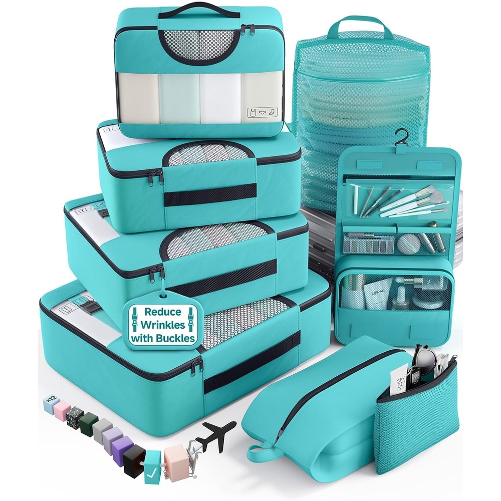 image:imageVeken 10 Set Packing Cubes for Travel Essentials Suitcase Organizer Bags in 4 Sizes CarryOn Luggage Accessories with Laundry Bag Airplane Must Have with 99Count Mesh HolesTeal