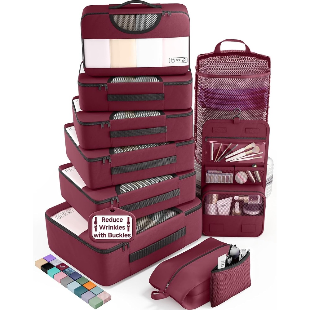 image:imageVeken 10 Set Packing Cubes for Travel Essentials Suitcase Organizer Bags in 4 Sizes CarryOn Luggage Accessories with Laundry Bag Airplane Must Have with 99Count Mesh Holes12 Wine Red