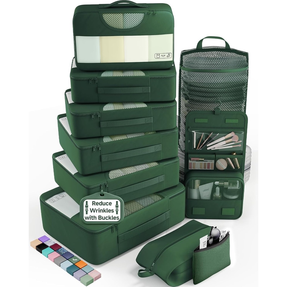 image:imageVeken 10 Set Packing Cubes for Travel Essentials Suitcase Organizer Bags in 4 Sizes CarryOn Luggage Accessories with Laundry Bag Airplane Must Have with 99Count Mesh Holes11 Jungle Green
