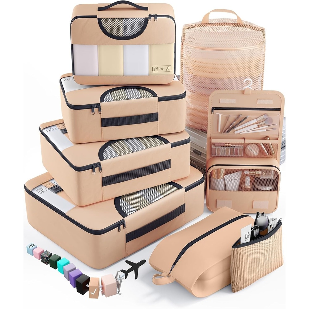 image:imageVeken 10 Set Packing Cubes for Travel Essentials Suitcase Organizer Bags in 4 Sizes CarryOn Luggage Accessories with Laundry Bag Airplane Must Have with 99Count Mesh Holes16 Gold