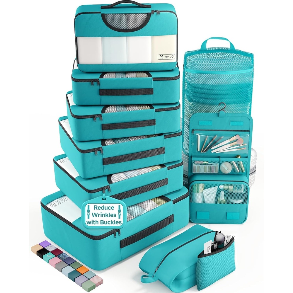 image:imageVeken 10 Set Packing Cubes for Travel Essentials Suitcase Organizer Bags in 4 Sizes CarryOn Luggage Accessories with Laundry Bag Airplane Must Have with 99Count Mesh Holes10 Teal