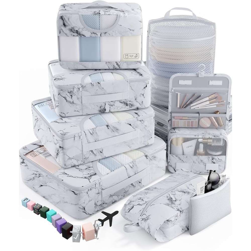 image:imageVeken 10 Set Packing Cubes for Travel Essentials Suitcase Organizer Bags in 4 Sizes CarryOn Luggage Accessories with Laundry Bag Airplane Must Have with 99Count Mesh Holes14 White Marble
