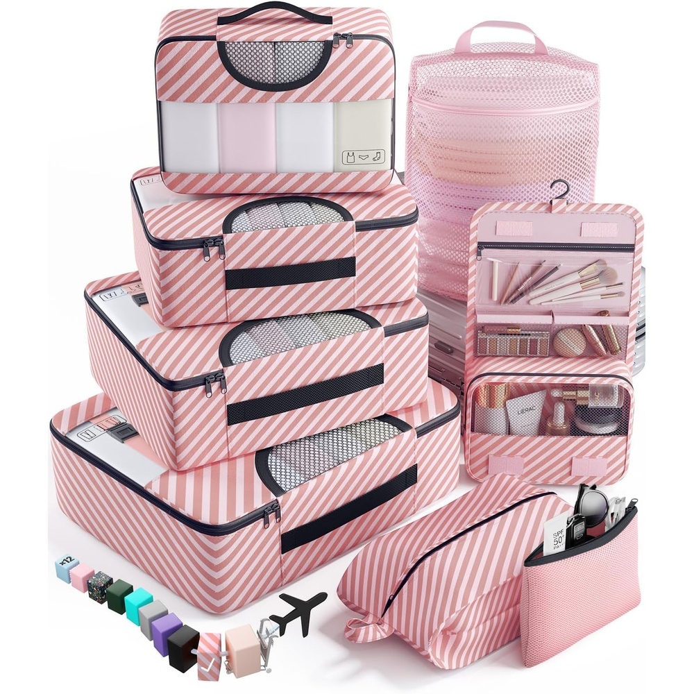 image:imageVeken 10 Set Packing Cubes for Travel Essentials Suitcase Organizer Bags in 4 Sizes CarryOn Luggage Accessories with Laundry Bag Airplane Must Have with 99Count Mesh Holes09 Pink Straps