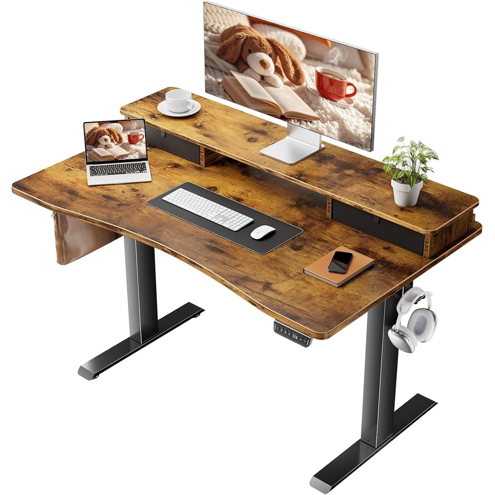 image:imageVeken 472 Inch Electric Standing Desk Height Adjustable Sit Stand Up Wood Desktop Work Home Office Computer PC Desks Gaming Writing Study Bedroom Rising Table Tall Standup Workstation WhiteBrown