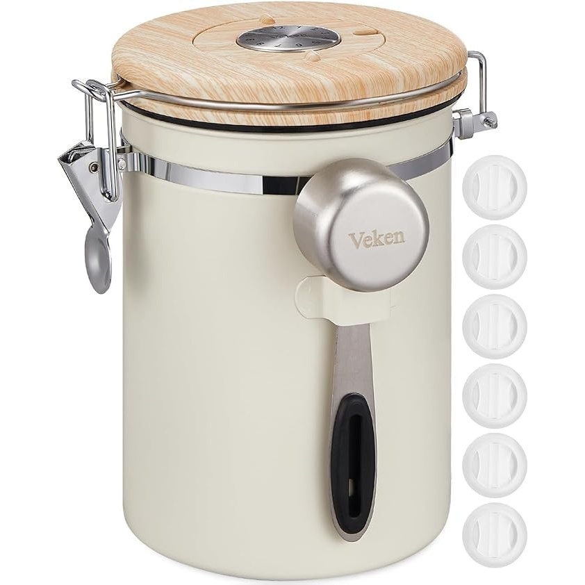 image:imageVeken Coffee Canister Airtight Stainless Steel Kitchen Food Storage Container with Date Tracker and Scoop for Grounds Coffee Beans Tea Flour Cereal Sugar 22OZCream