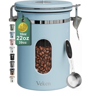 Veken Coffee Canister with Window, Airtight Stainless Steel Container, 22OZ(Light Blue)
