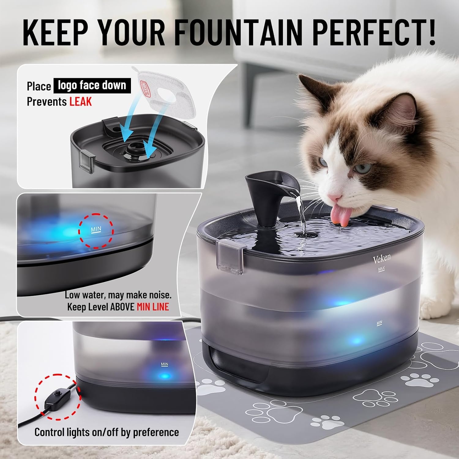 image:imageVeken 85oz25L Cat Water Fountain with Detachable Tank amp Secure ClipsBlack