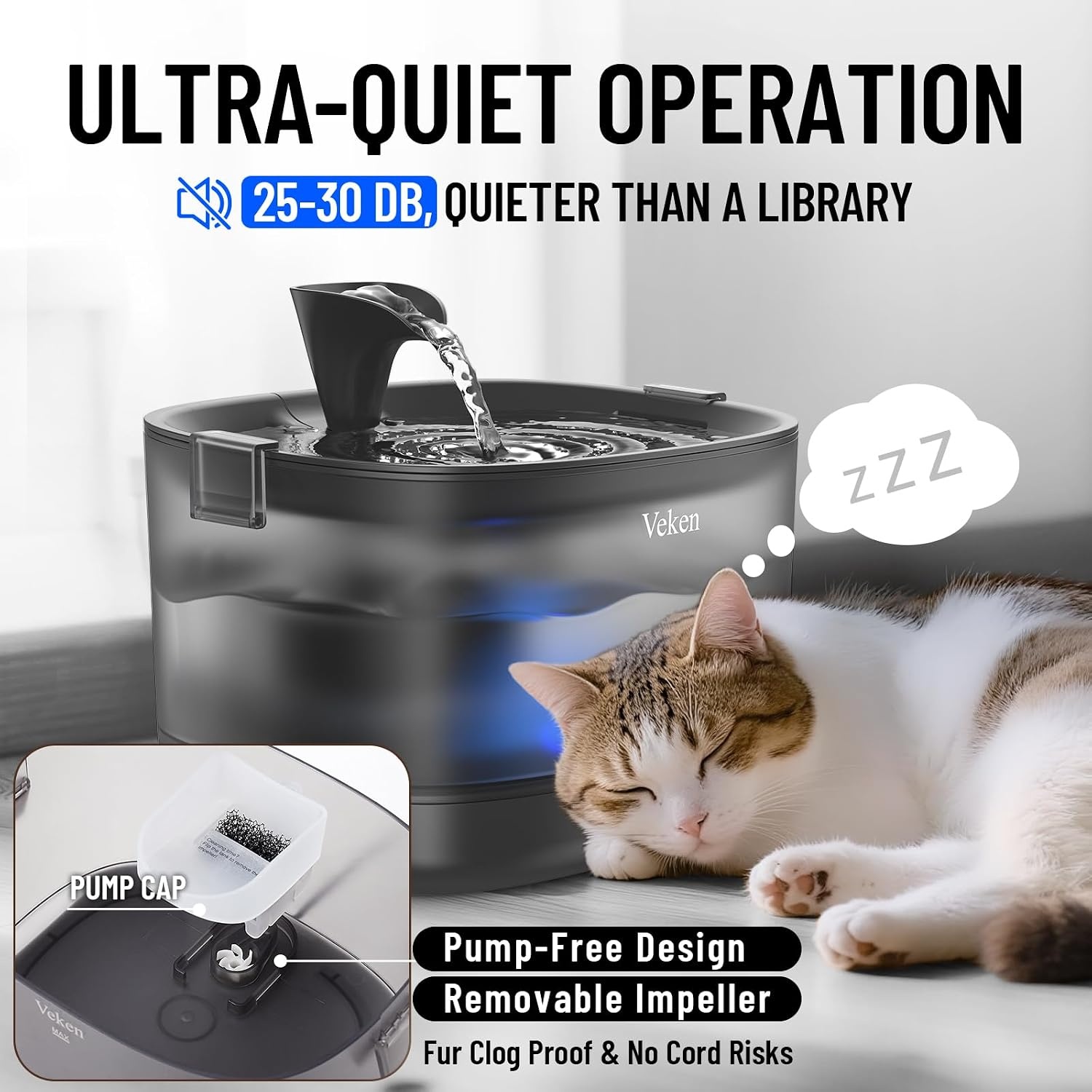 image:imageVeken 85oz25L Cat Water Fountain with Detachable Tank amp Secure ClipsBlack