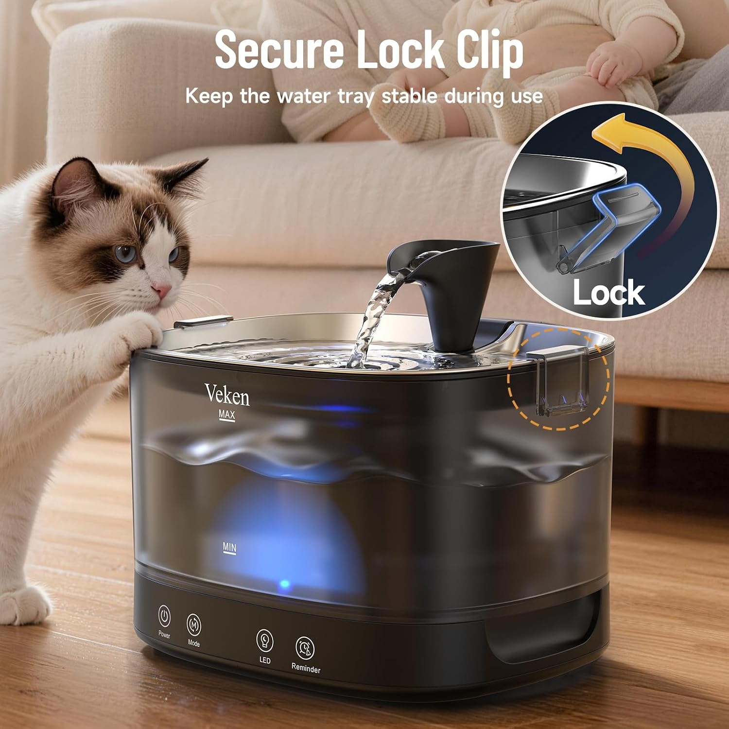 image:imageVeken 85oz25L Cat Water Fountain with Detachable Tank amp Secure ClipsBlack Silver