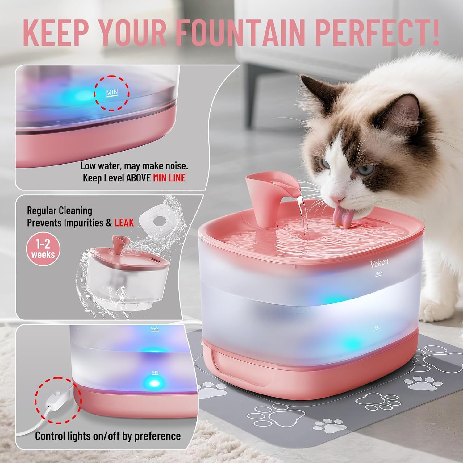 image:imageVeken 85oz25L Cat Water Fountain with Detachable Tank amp Secure ClipsRed