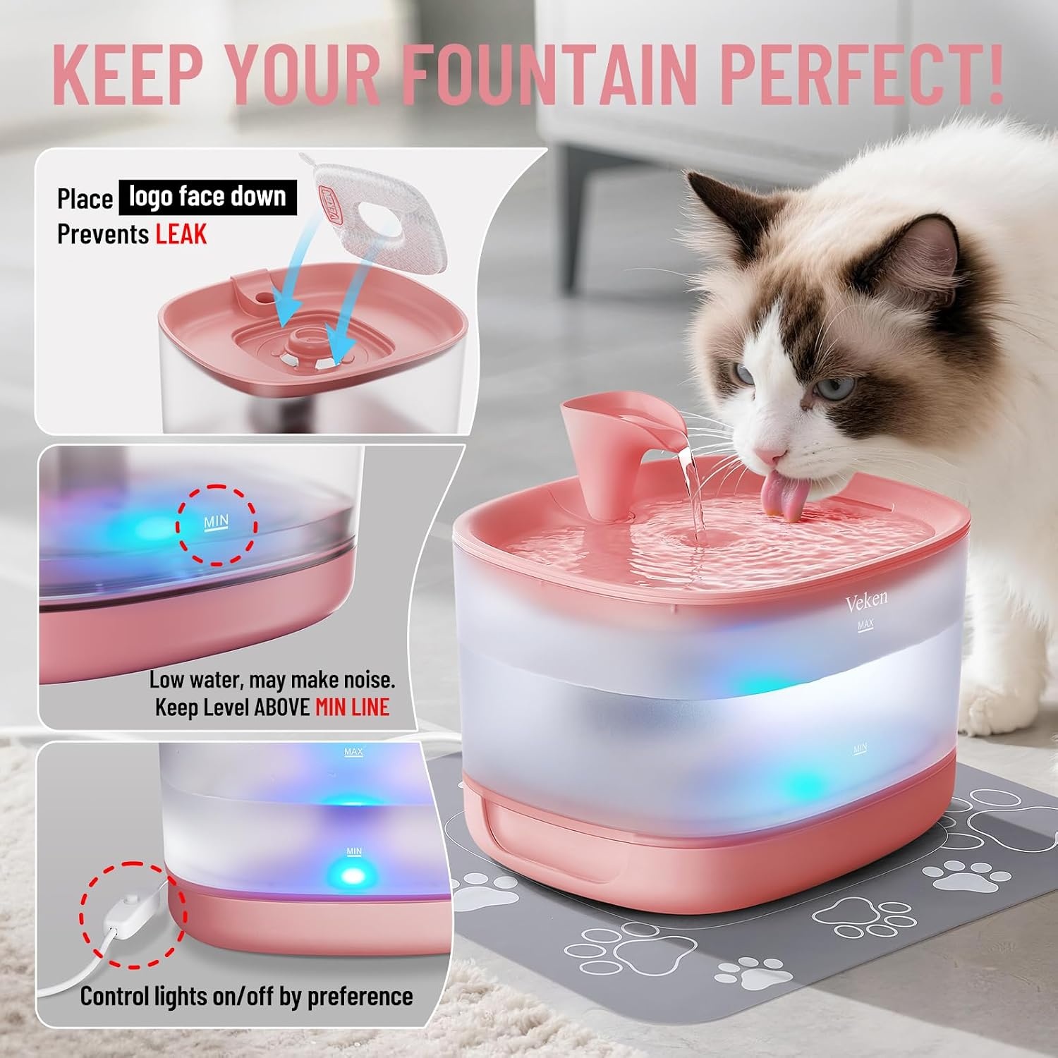 image:imageVeken 85oz25L Cat Water Fountain with Detachable Tank amp Secure ClipsRed