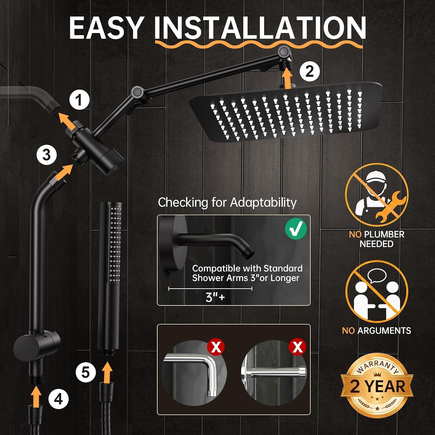 image:imageVeken All Metal 10 Luxurious Rain Shower Head with Handheld SpraySquareBlack Matte